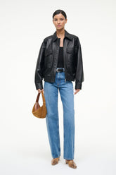 Black leather bomber jacket with stand collar, zip front, flap pockets, ribbed hem