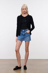 BECK mini skirt in vintage wash blue denim with front button and belt loops