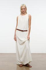 Ivory silk maxi dress with sleeveless bodice and waist belt