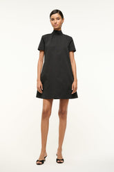 Black mini dress with high neckline and short sleeves, straight hem