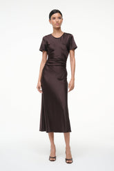 Marcel silk dress, short-sleeve crew neck, draped ruched waist, dark brown midi