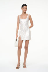 Pearl sequin fringe mini dress front view with tote bag, square neckline