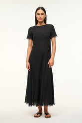 Black long coverup dress with crew neck and fringed hem
