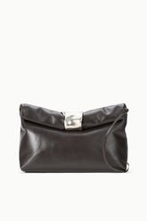 Espresso leather cuff clutch with curved top and metal clasp