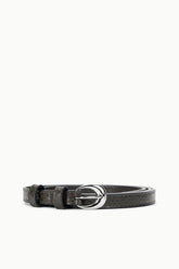 Slim snake-textured belt with dark brown strap and round silver buckle