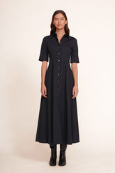 Black short-sleeve maxi dress with button-front and collar