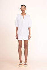 White mini dress front view with V-neck button placket and puff sleeves