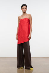 Convertible silk dupioni top, strapless red bandeau with smocked top and angled asymmetrical hem