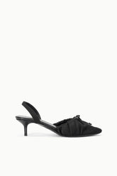 Black satin ballet slingback heels with crisscross bow detail and low stiletto heel