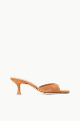 Tan suede mule with open toe and mid heel