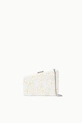Beaded floral clutch bag with top clasp and slim chain strap, off-white