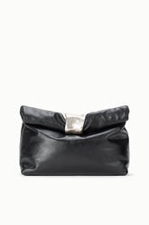 Black leather cuff clutch bag with folded top flap and silver-tone clasp, side wrist strap