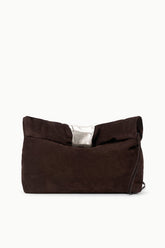 Espresso suede cuff clutch with silver-tone snap bar closure