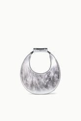 Silver crescent shoulder bag with top handle and snap closure