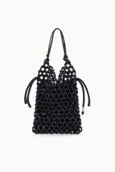 KARLA black beaded tote bag with short knotted handles and open top