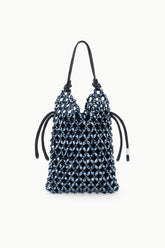 Dark blue beaded bucket bag with top drawstring cords and black handles