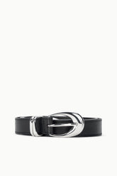 MOON METAL keeper belt, black leather with large silver buckle
