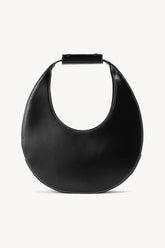 Black crescent hobo bag with top handle and stitched curved opening