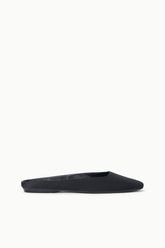 Black flat mule with low slip-on profile and smooth upper