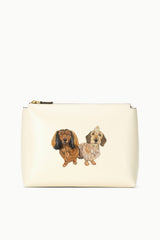 Cream pouch with zipper top and two illustrated dogs on front
