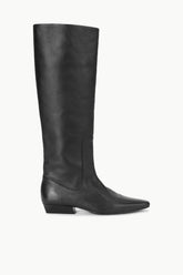 Black flat-heeled tall boot with smooth leather-like finish