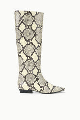 Snake-print flat mid-calf boot with stacked black heel and pointed toe