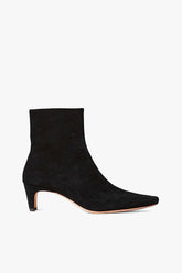 Black suede ankle boot with low block heel and almond toe