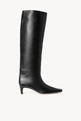 Black knee-high leather boot with pointed toe and low block heel