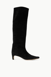 Black suede knee-high boot with low block heel and almond toe