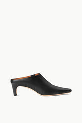 Black slip-on mule with block heel and open back