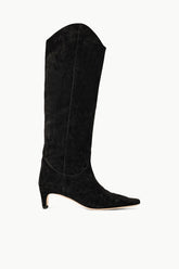 Black suede western boot with pointed toe and low heel