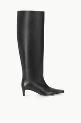 Wide-shaft black knee-high boot with pointed toe and low block heel