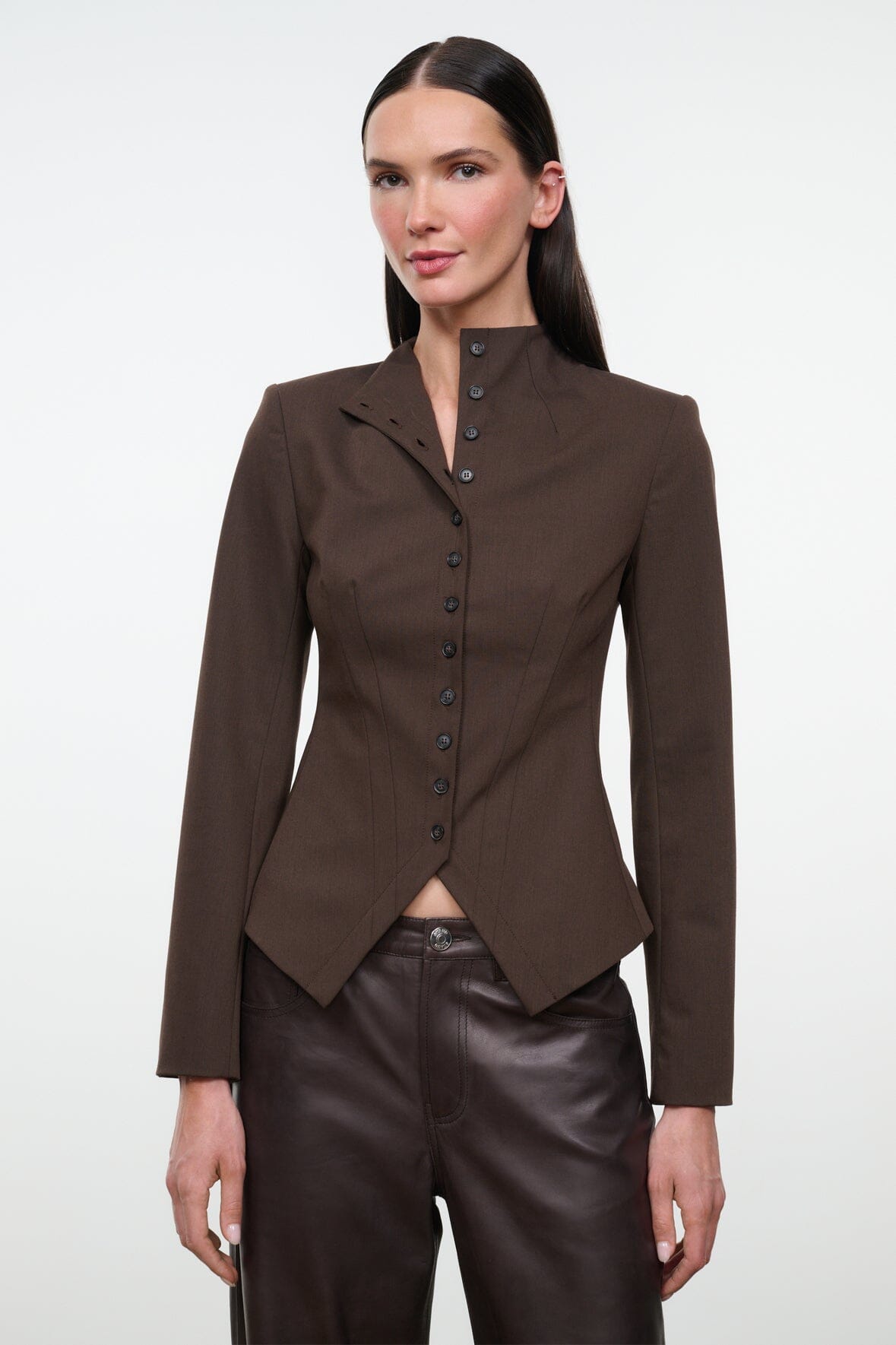 Women's brown fitted jacket with stand collar and button placket, asymmetric front panel