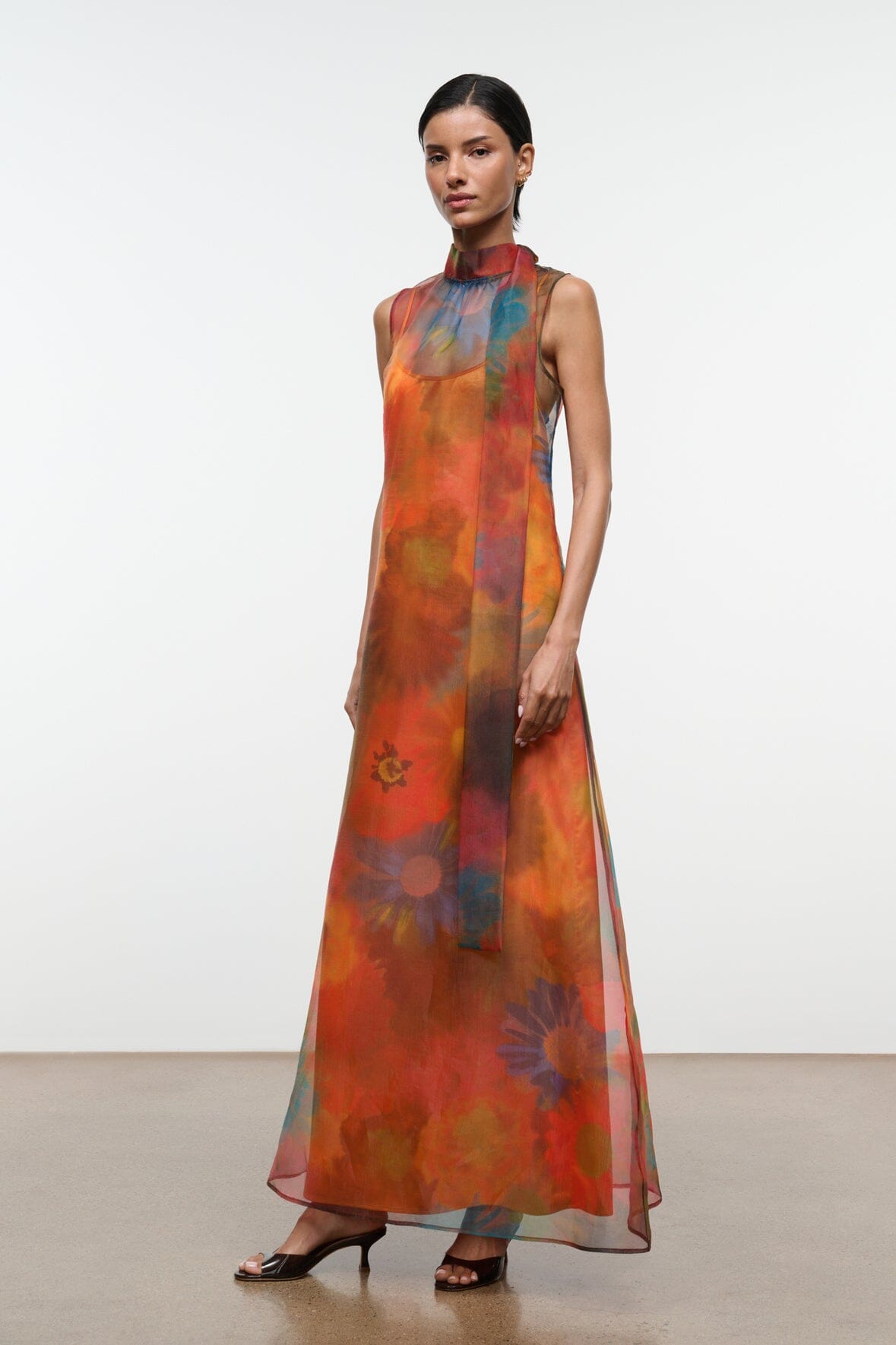 ALBEE dress orange and blue floral sheer maxi, sleeveless high-neck silhouette