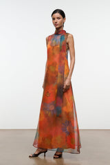 ALBEE dress orange and blue floral sheer maxi, sleeveless high-neck silhouette