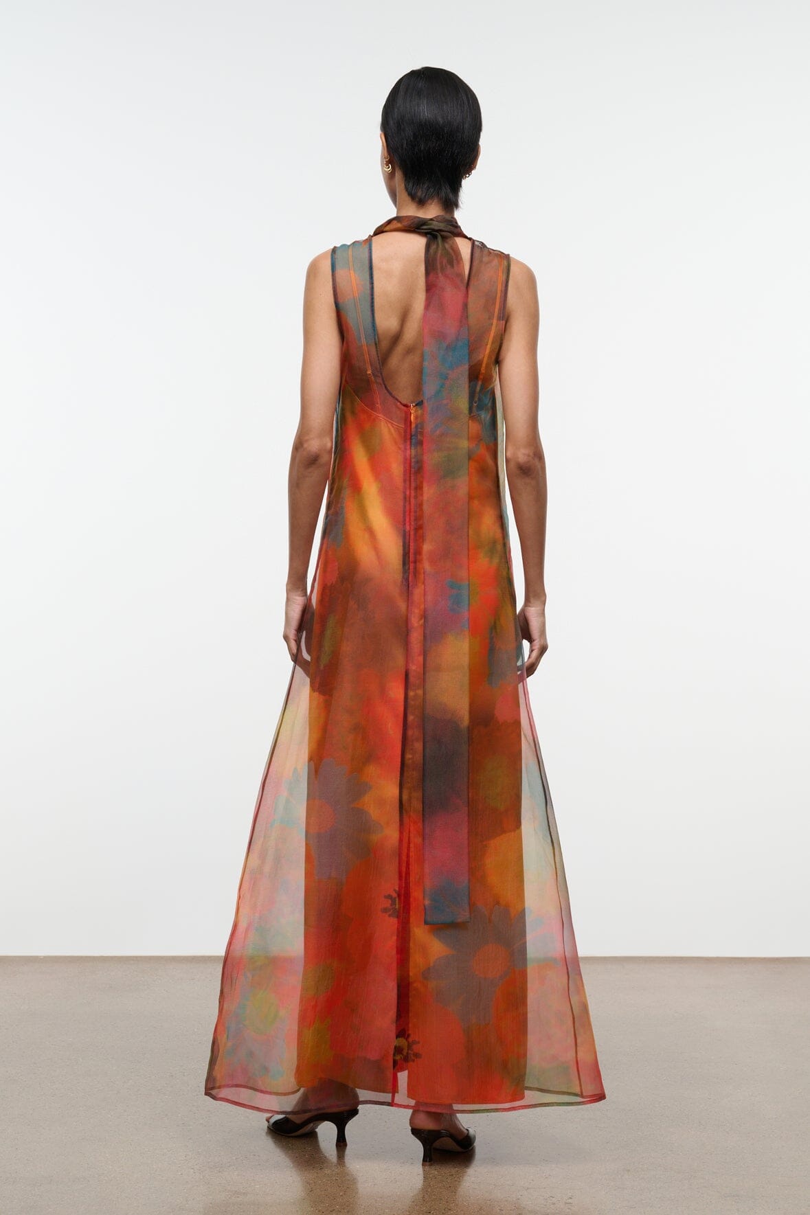 ALBEE dress orange and blue floral sheer maxi with open back and sleeveless cut