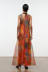 ALBEE dress orange and blue floral sheer maxi with open back and sleeveless cut