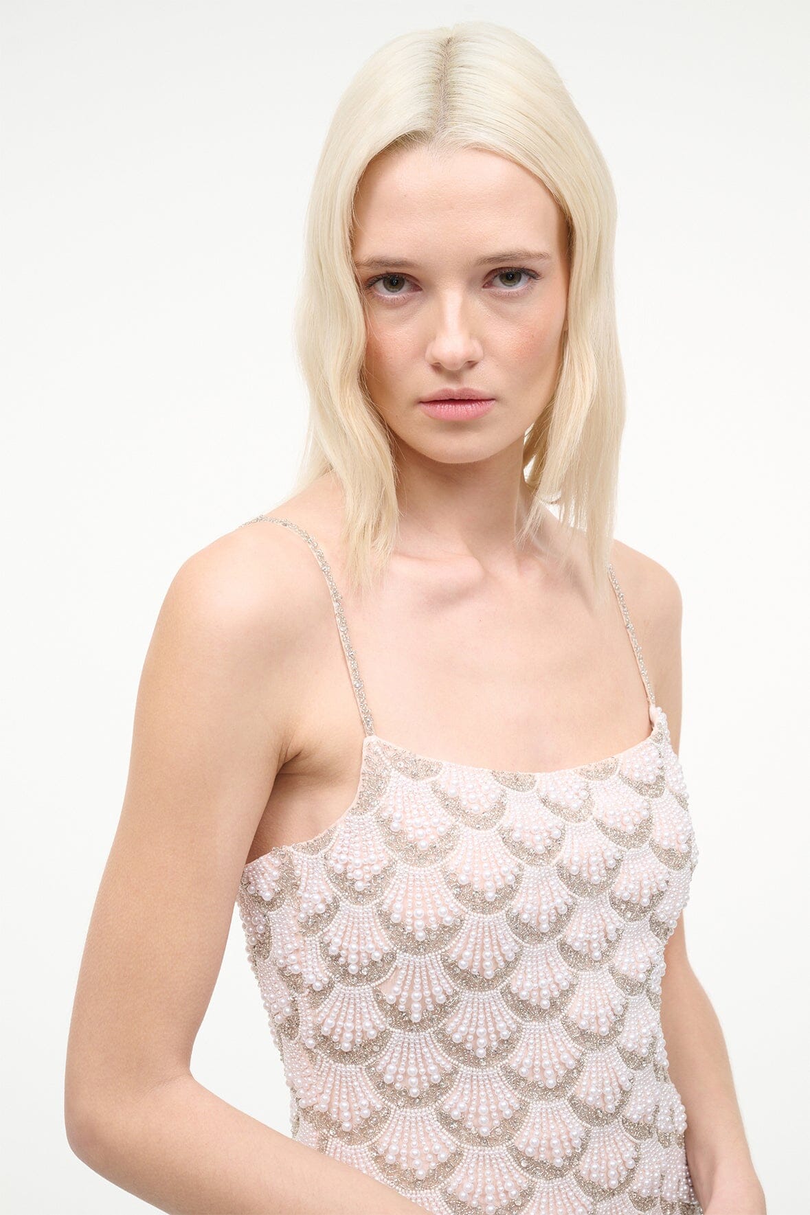 Pearl scallop-pattern mini dress with spaghetti straps and square neckline