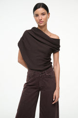 Draped MABEL sweater in dark brown, cowl neck with off-shoulder wrap