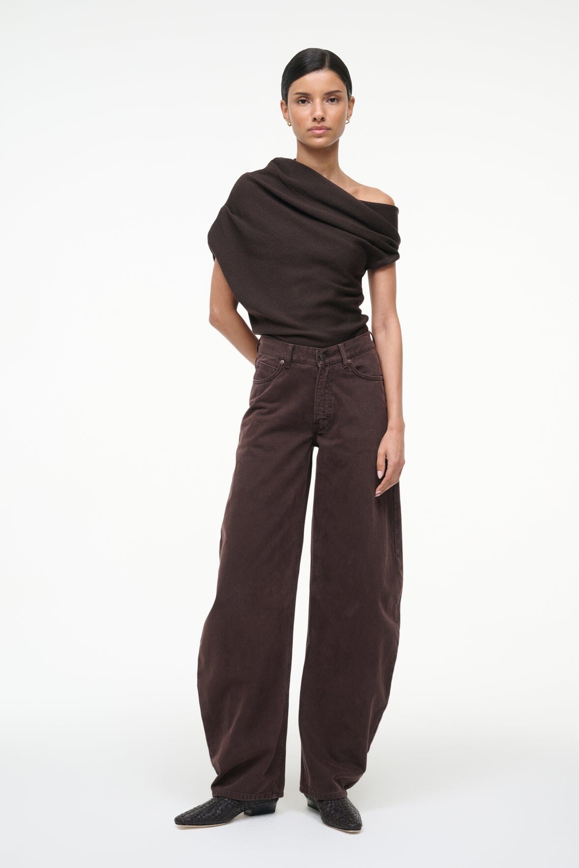 Draped MABEL sweater in dark brown with cowl neck and wrapped shoulder