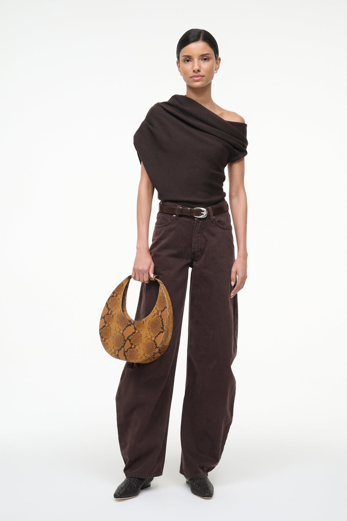 Draped MABEL sweater in dark brown, cowl neck wrap, short sleeves