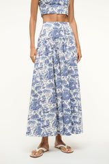 Blue toile maxi skirt with elastic waist, gathered tiered panels, and full drape
