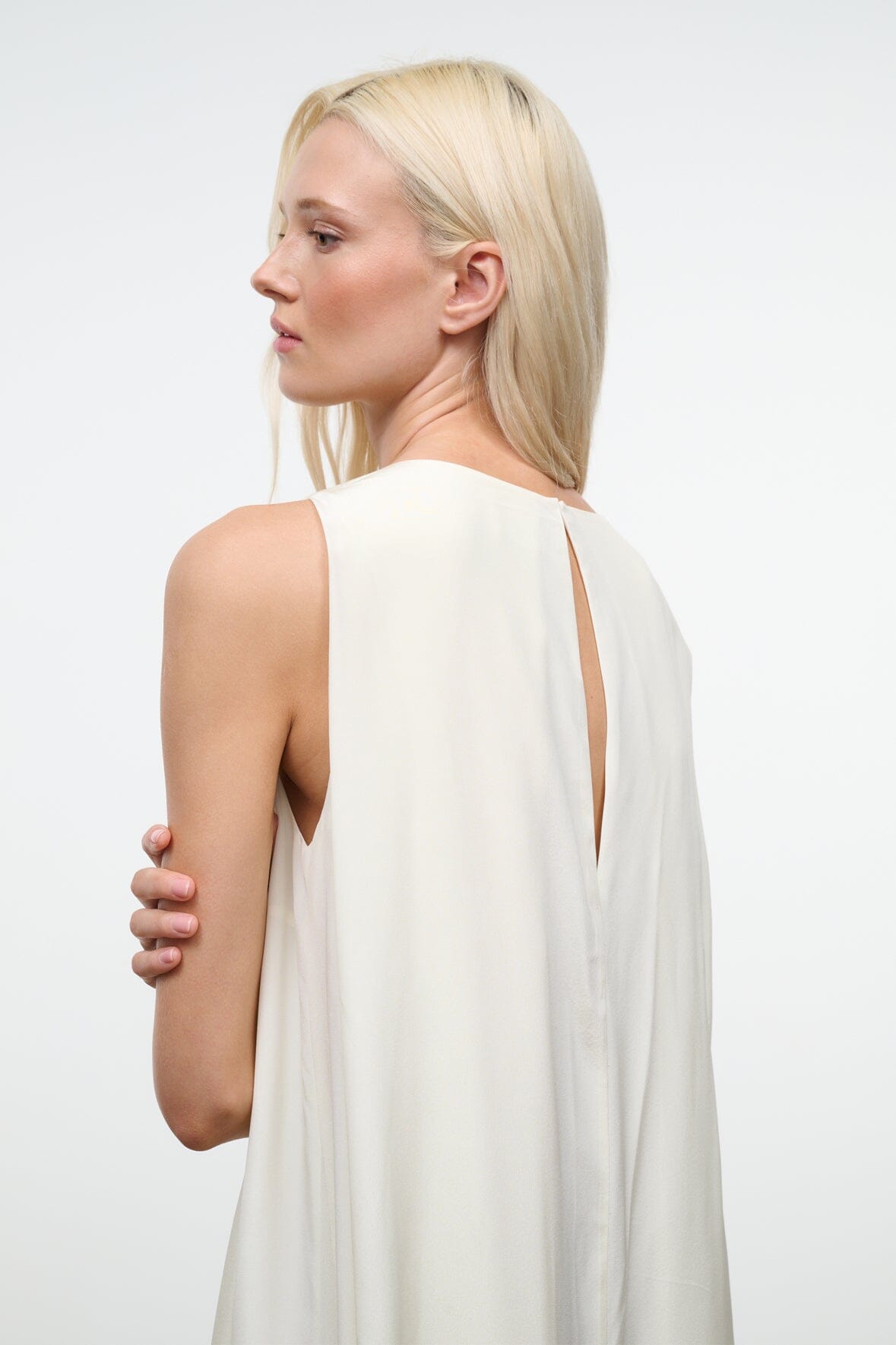 Ivory silk maxi dress, open back with thin straps