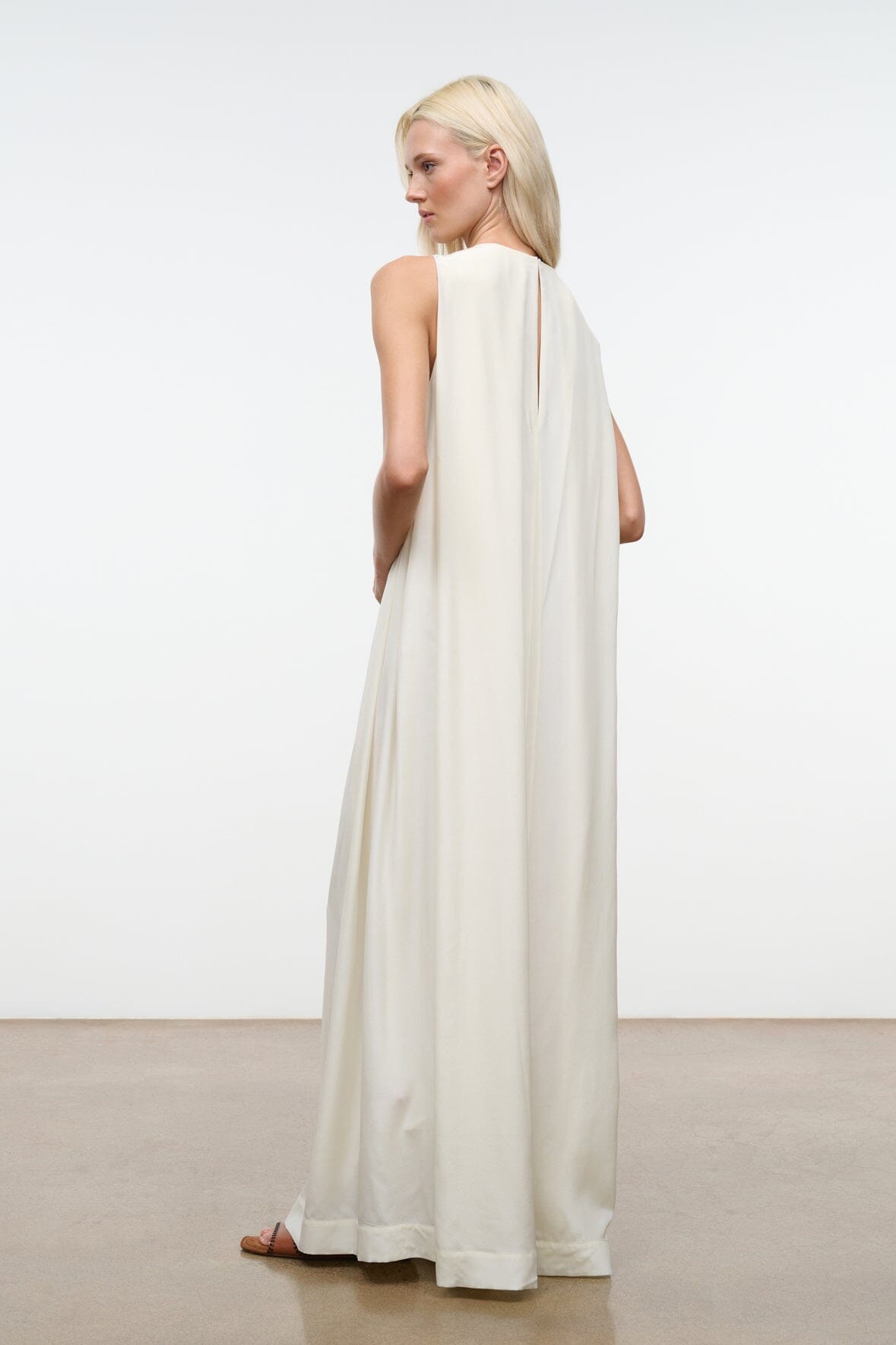 Ivory silk maxi dress, draped back view with thin shoulder straps