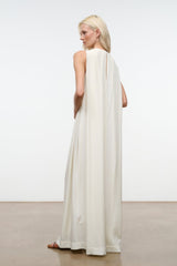 Ivory silk maxi dress, draped back view with thin shoulder straps