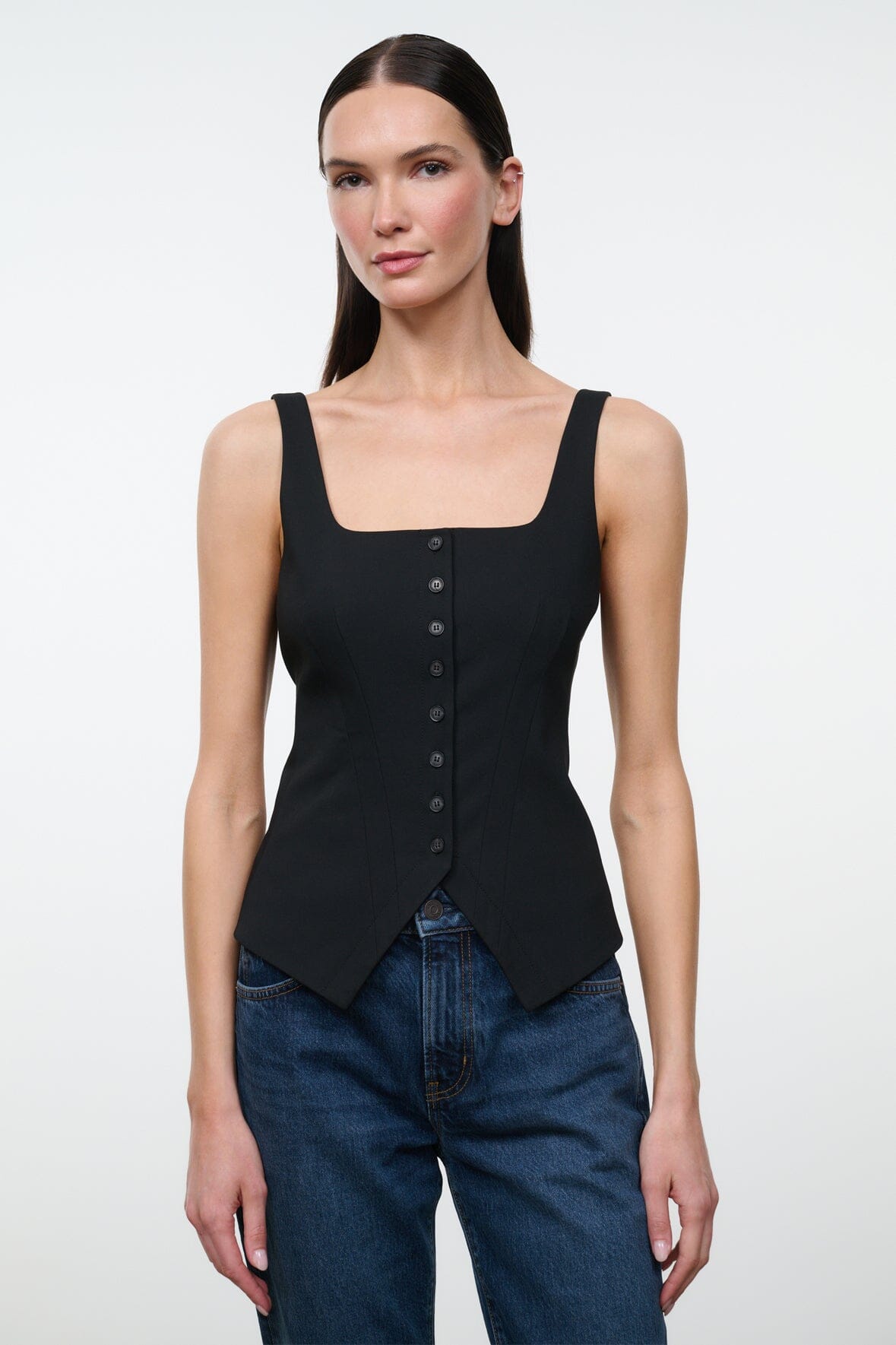 Black sleeveless square-neck tank with front button placket and fitted waist