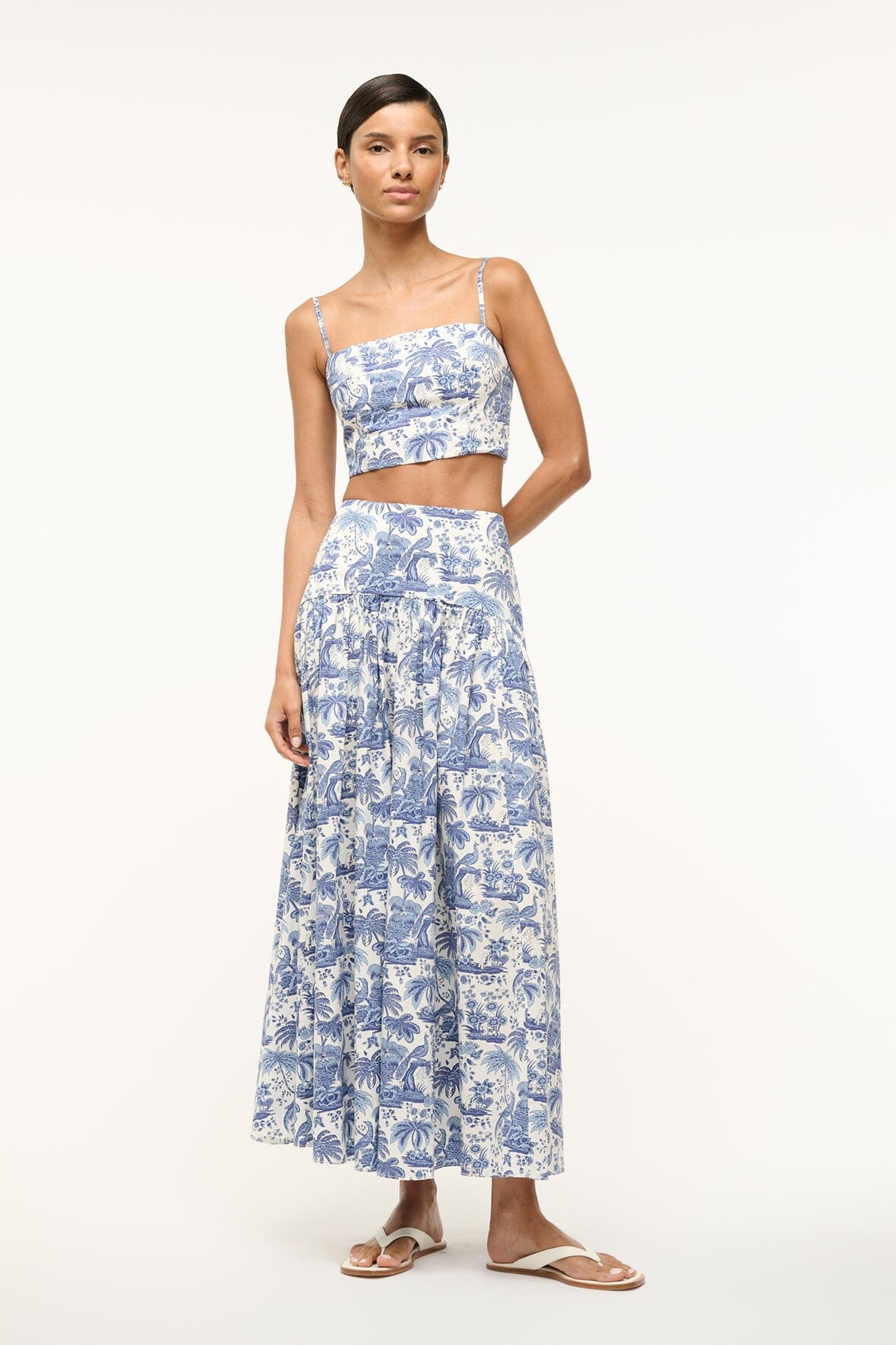 Blue toile maxi skirt with gathered tiers and full A-line silhouette