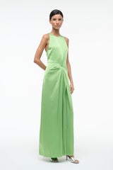 Green silk sleeveless maxi dress, front view with draped gathered waist detail