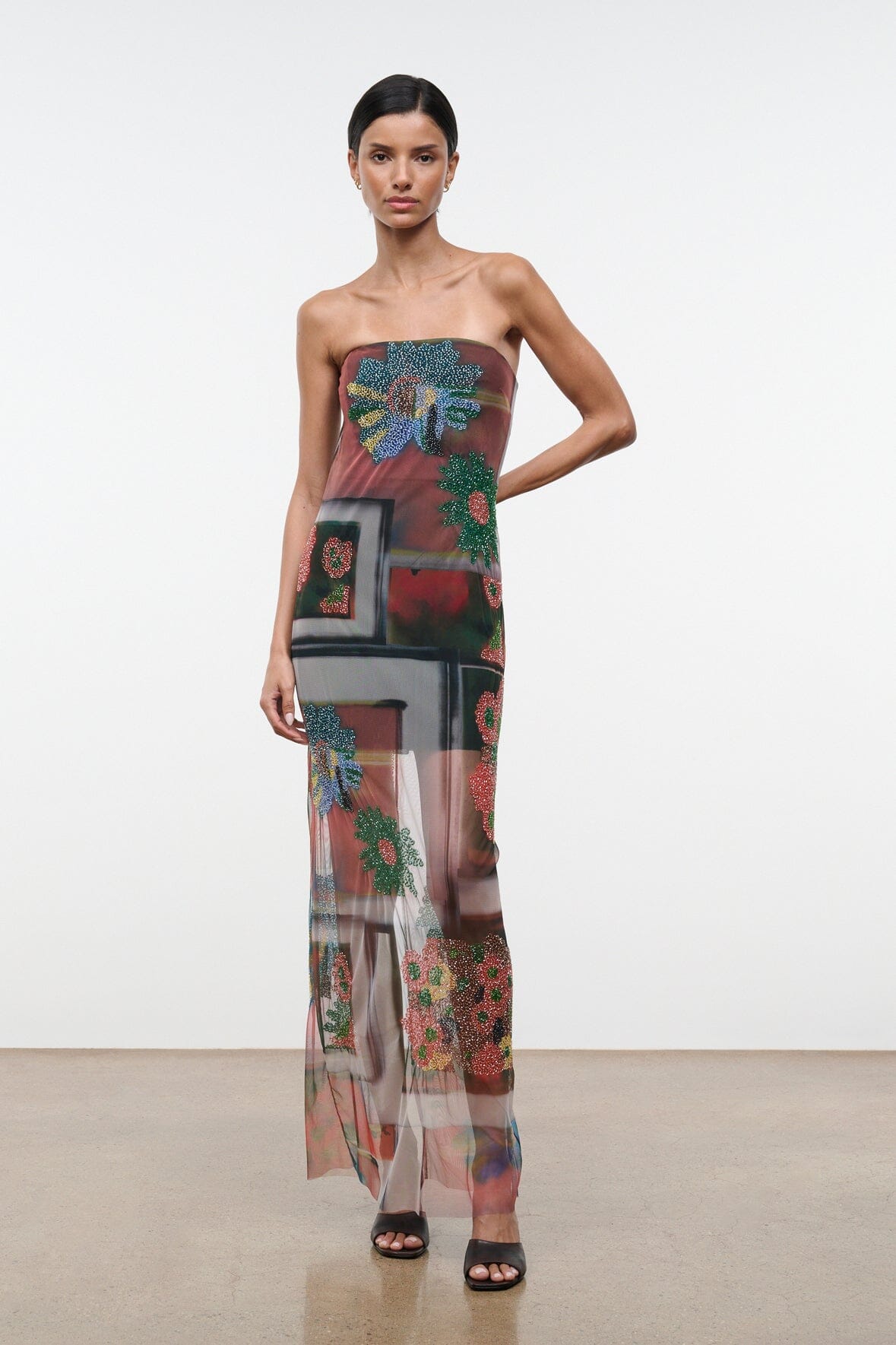 Strapless sheer floral patchwork maxi dress