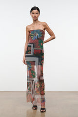 Strapless sheer floral patchwork maxi dress